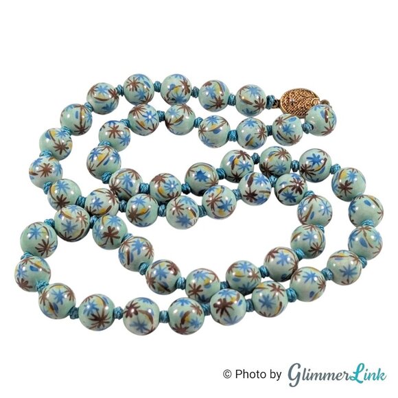 Vintage Chinese Export Hand Painted Knotted Blue Round Porcelain Bead Necklace - Picture 3 of 10